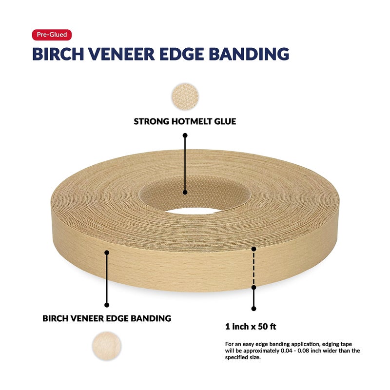 UNMAR Birch Wood Veneer Edge Banding 1 inch x 50 ft Pre Glued Adhesive Edging Trim Tape Iron On Flexible Strip Roll Laminate Cabinate Countertop Furniture Shelf MDF Board Paintable Molding Easy Trimmer - Image 2